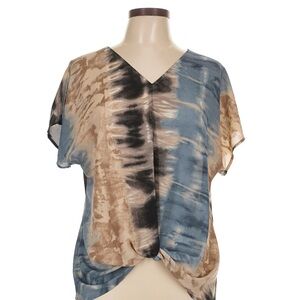 West Kei Women's Blue and Tan Tie-Dye Blouse